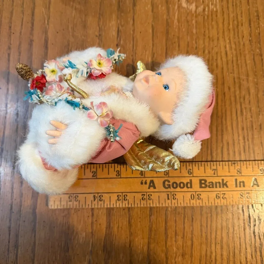 Vintage Pair Porcelain Angel Christmas Dolls Red Pink Gold Wings Holiday Decor